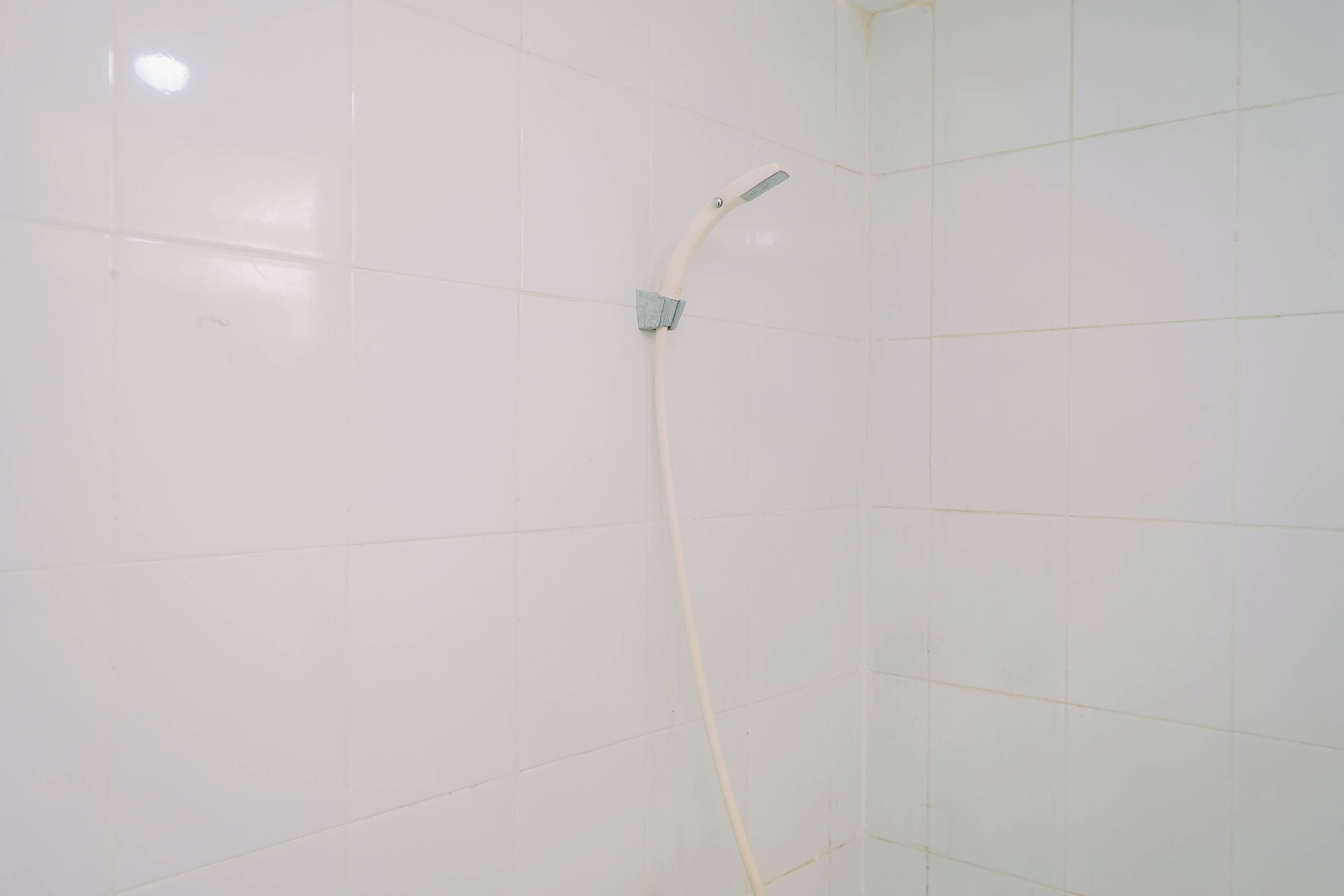 A shower with a handheld showerhead mounted on a wall.