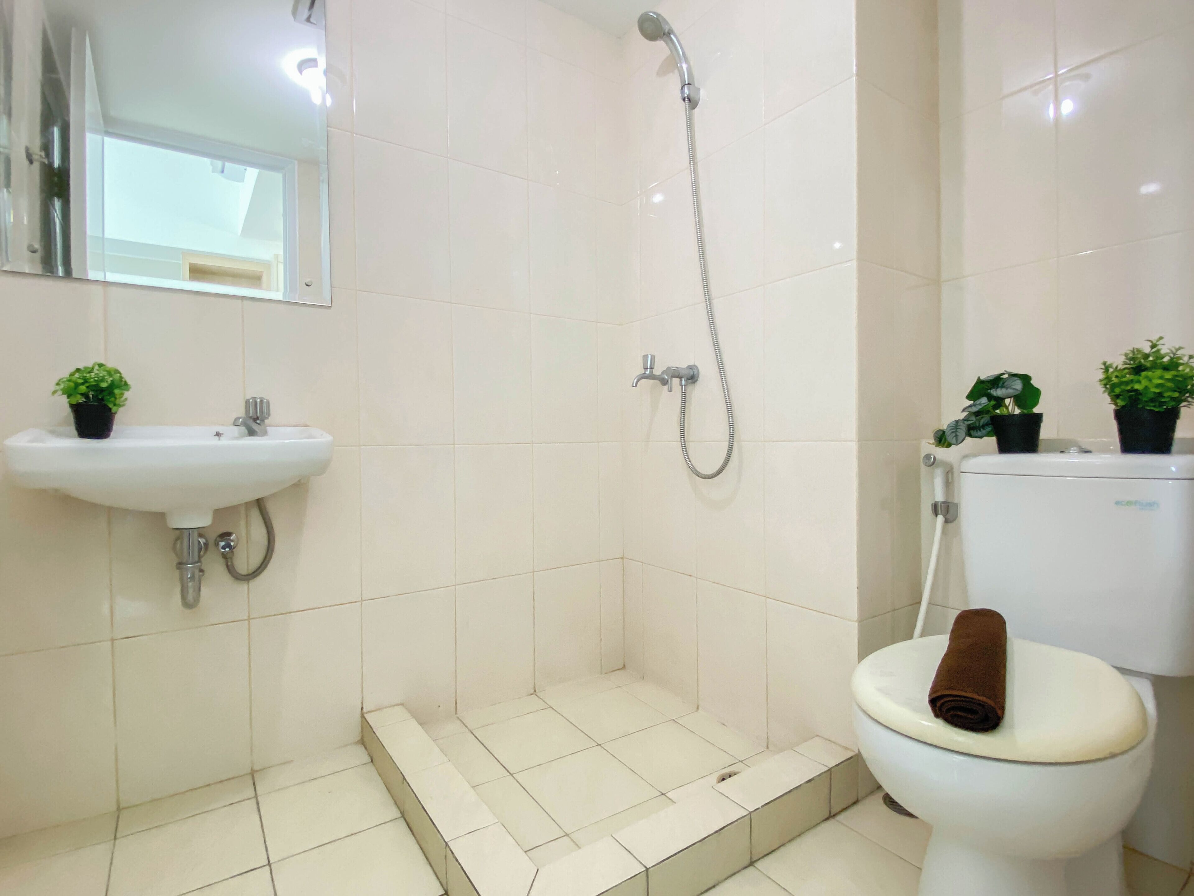 Un baño con lavamanos, inodoro, ducha y dos plantas en macetas.