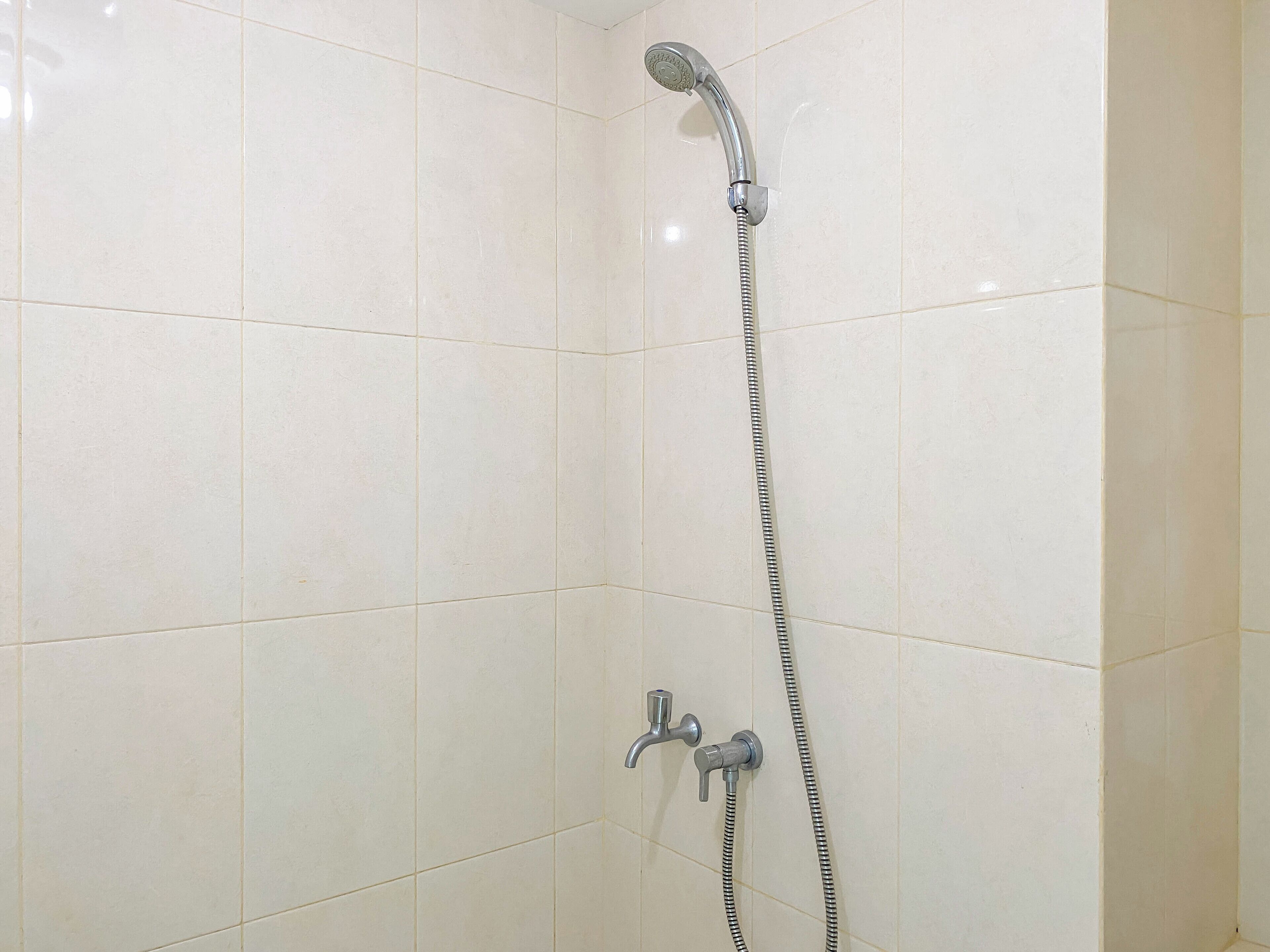 Une douche équipée d’un pommeau de douche à main et d’un robinet fixé au mur.