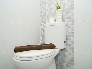 Een wit toilet met een bruine zitting, een witte toiletrolhouder en een klein plantje erboven.