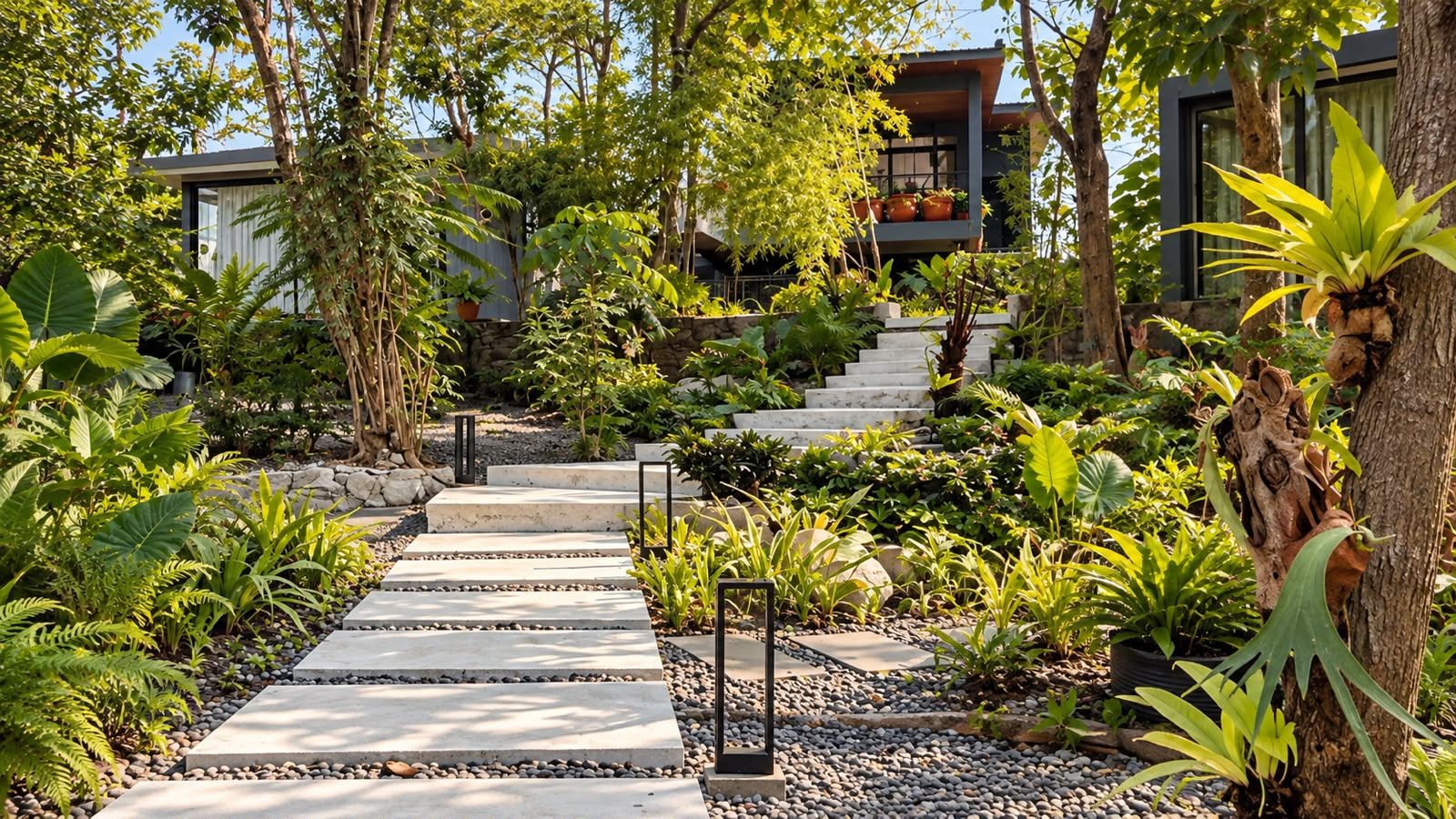A garden pathway leading to a modern house with a stone staircase and lush greenery.