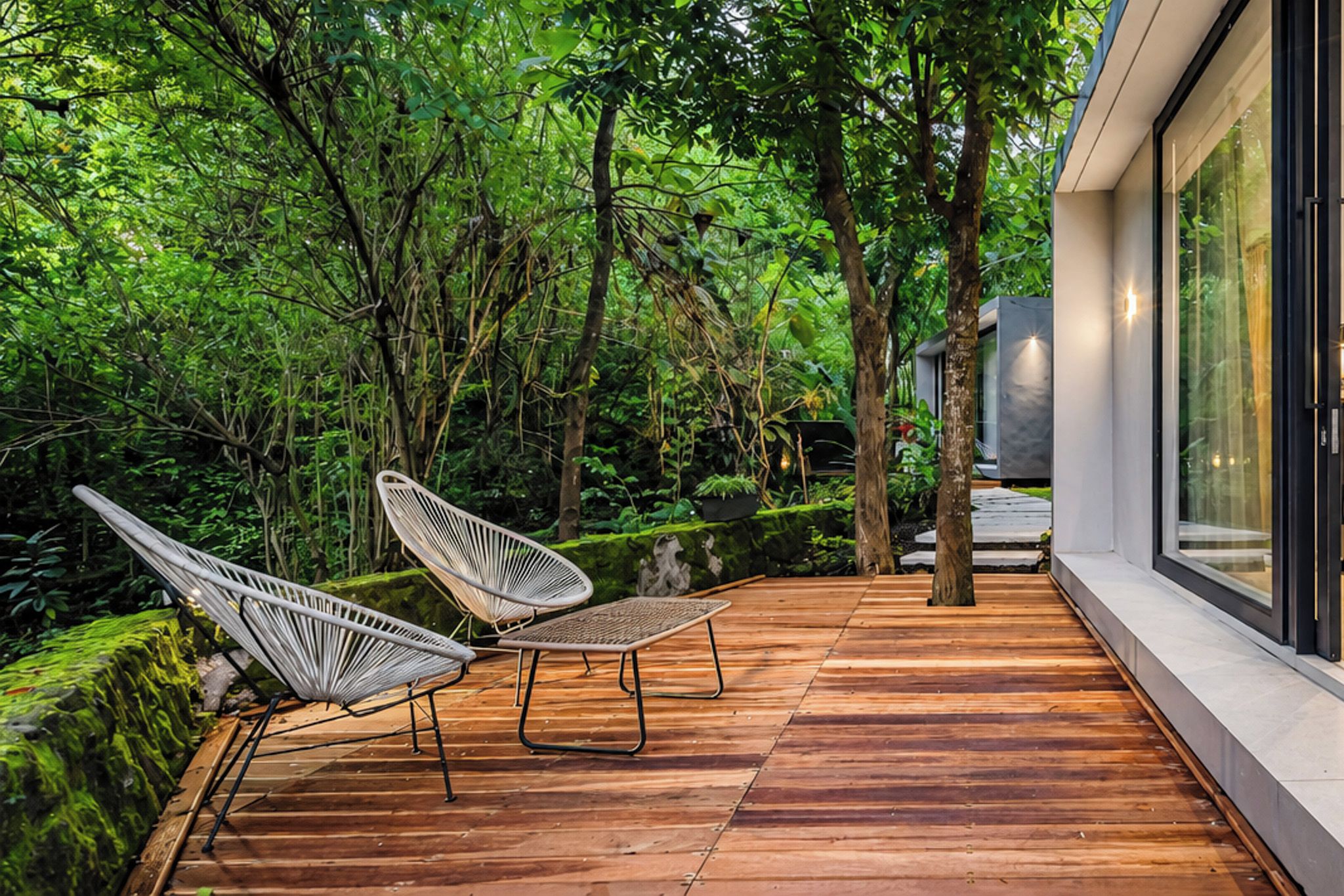 A wooden deck with two white chairs, surrounded by lush greenery and trees.