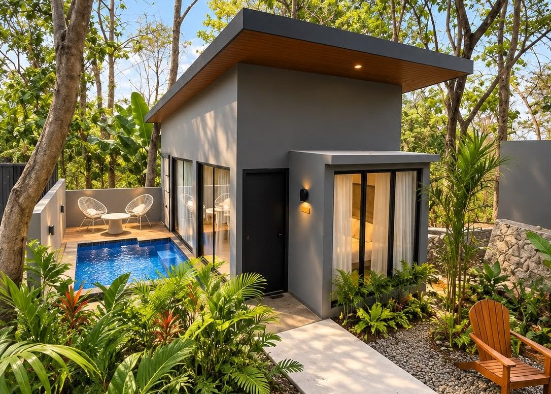 A modern house with a swimming pool, outdoor seating, and lush greenery.