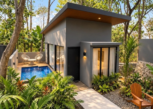 A modern house with a swimming pool, outdoor seating, and lush greenery.