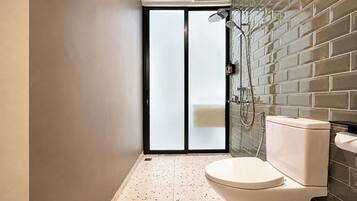 A bathroom with a toilet, a shower, and a tiled wall.