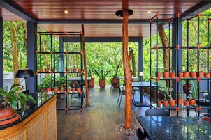 Um interior moderno com teto de madeira, prateleiras de metal preto com plantas em vasos e um painel de vidro.