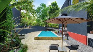 A swimming pool with a tiled deck, surrounded by potted plants and a red wall.