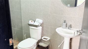 Shower, towels, soap, toilet paper