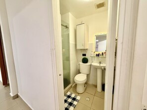 Hair dryer, towels, soap, toilet paper