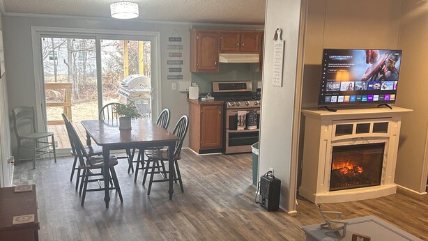 Een moderne woonkamer met een open haard, een eethoek en een keuken.
