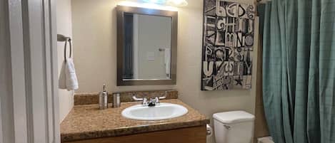 Hair dryer, towels, soap, toilet paper