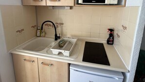 Cocina compacta con armarios de madera, microondas, lavabo con escurreplatos y un refrigerador pequeño.
