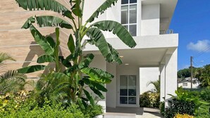 A modern building with a large banana tree in the foreground, a paved entrance, and a well-maintained garden with various plants. - Romantic Island Retreat | Resort Pool & Sunset Rooftop (Battaleys)