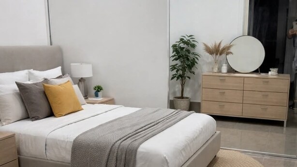 A modern bedroom with a bed, bedside tables, a dresser, and a mirror.