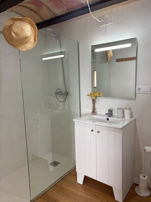 Dusche, Haartrockner, Handtücher, Seife