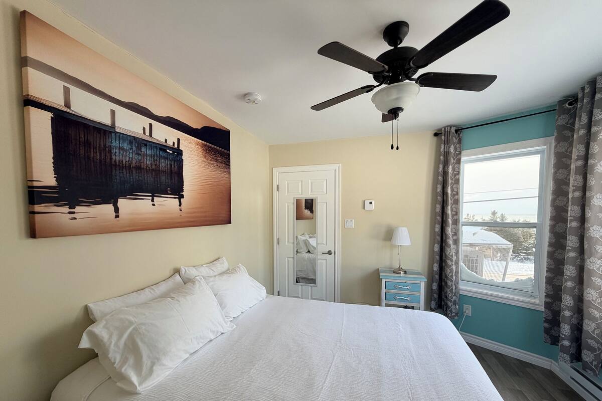 Une chambre à coucher avec un lit, un ventilateur de plafond, un tableau, une table de chevet, une lampe et une fenêtre avec des rideaux.