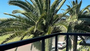 A balcony with a clear view of palm trees and a street with parked cars.