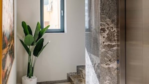 Ein modernes Interieur mit Marmorwand, Topfpflanze und Aufzug.