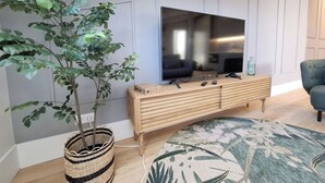Un salon avec un grand téléviseur à écran plat posé sur un meuble en bois, une plante en pot et un tapis à motifs.