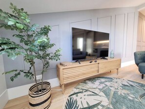 Ein Wohnzimmer mit einem großen Flachbildfernseher an der Wand, einem Holztischchen, einem gewebten Korb mit Pflanze und einem gemusterten Teppich.