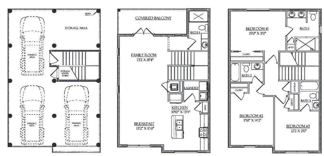 A floor plan with a covered balcony, family room, kitchen, breakfast area, and three bedrooms.