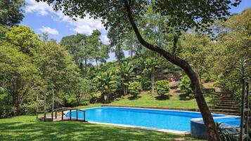 Piscina rodeada por vegetação exuberante e um deck de madeira.