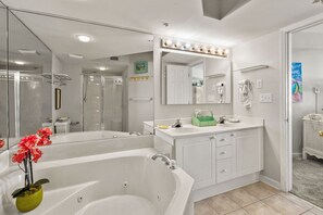 Shower, hair dryer, towels - Ocean Bay Club 107 | Oceanfront 4BR Condo | Steps to Main St & Beachfront Pool (North Myrtle Beach)
