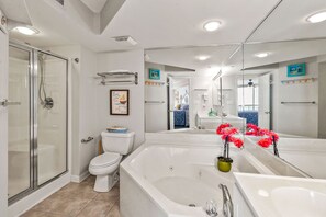 Shower, hair dryer, towels - Ocean Bay Club 107 | Oceanfront 4BR Condo | Steps to Main St & Beachfront Pool (North Myrtle Beach)