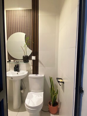 Douche, sèche-cheveux, serviettes fournies, savon