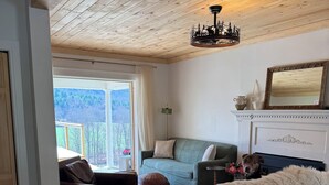 A living room with a fireplace, a sofa, a chair, and a dog. - NEW! Farmhouse Mountain View’s,FireplaceGrill, Pet-Friendly, Soaking Tub (Windham)