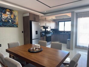 Fridge, microwave, oven, stovetop