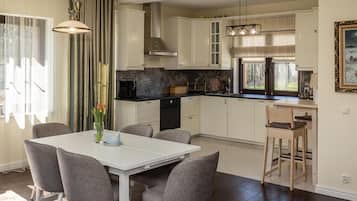Fridge, stovetop, dishwasher, coffee/tea maker