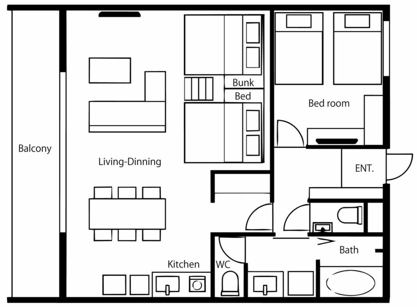 A floor plan with a balcony, living-dining area, bunk bed, bed room, bathroom, kitchen, WC, and an entrance.