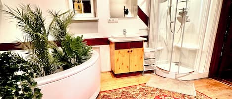 Shower, hair dryer, towels, soap
