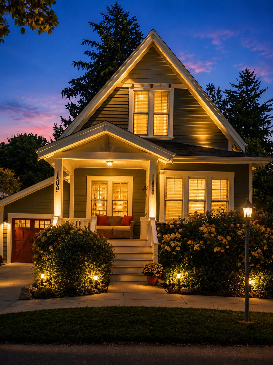 A two-story house with a front porch, a garage, and a well-lit entrance.