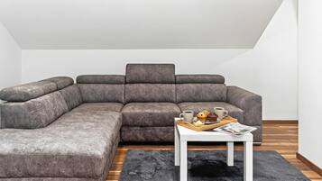 21-inch flat-screen TV with cable channels, fireplace