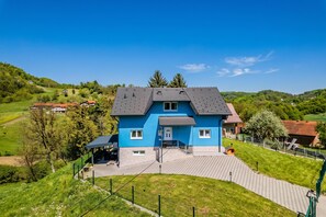 Une maison à deux étages avec une façade bleue, une allée pavée et une cour clôturée.