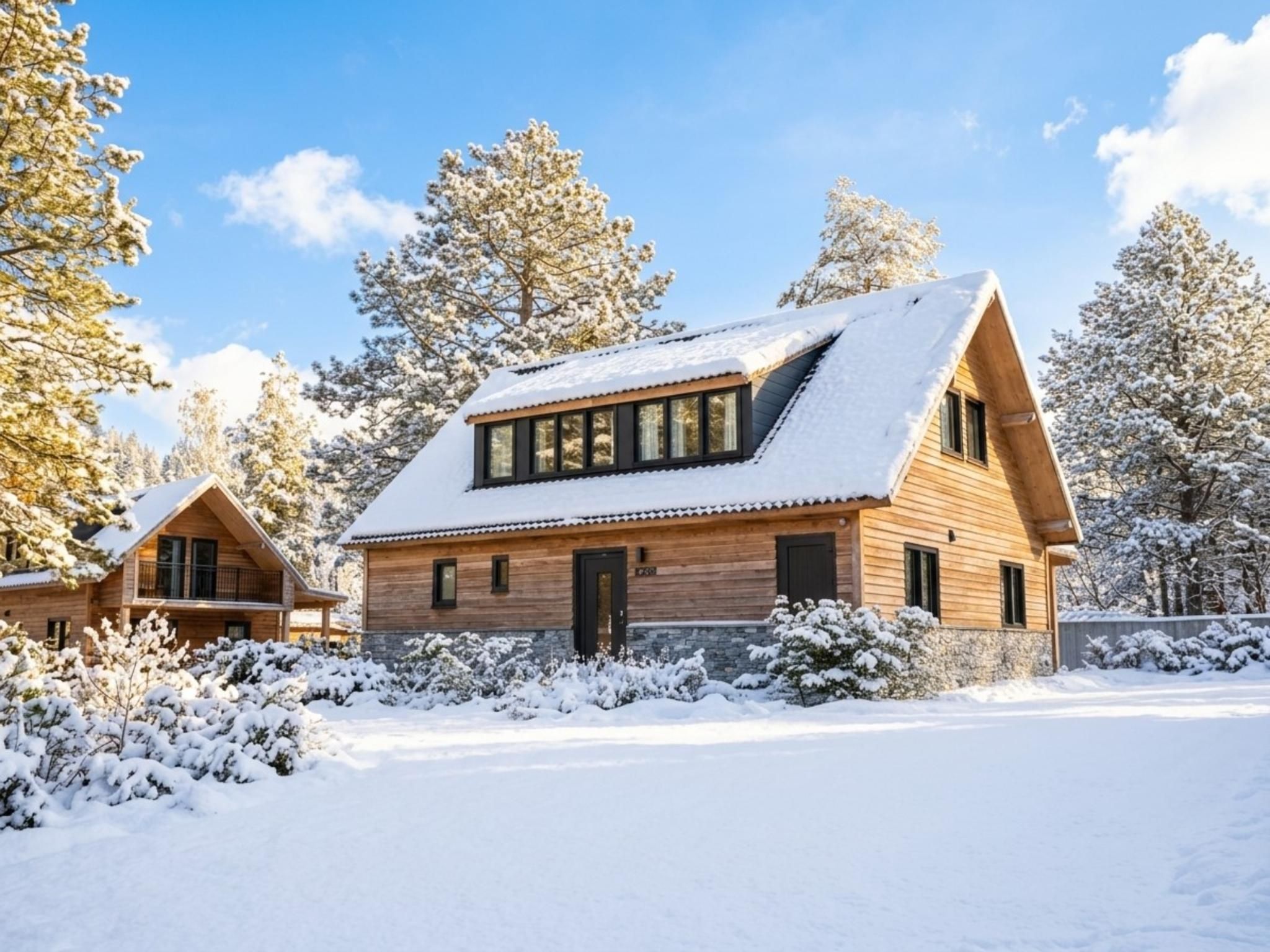 A wooden cabin with a sloped roof and a large window, surrounded by snow-covered trees.