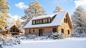 A wooden cabin with a sloped roof and a large window, surrounded by snow-covered trees.