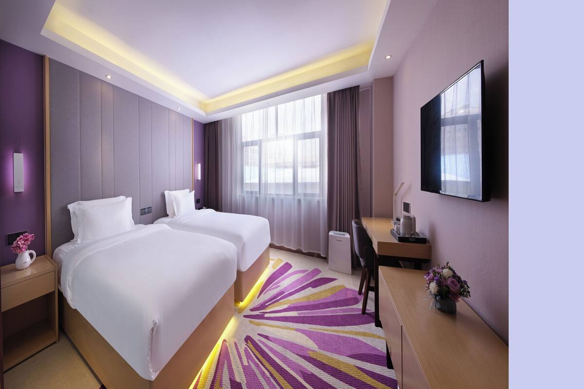 Desk, laptop workspace, blackout drapes, soundproofing