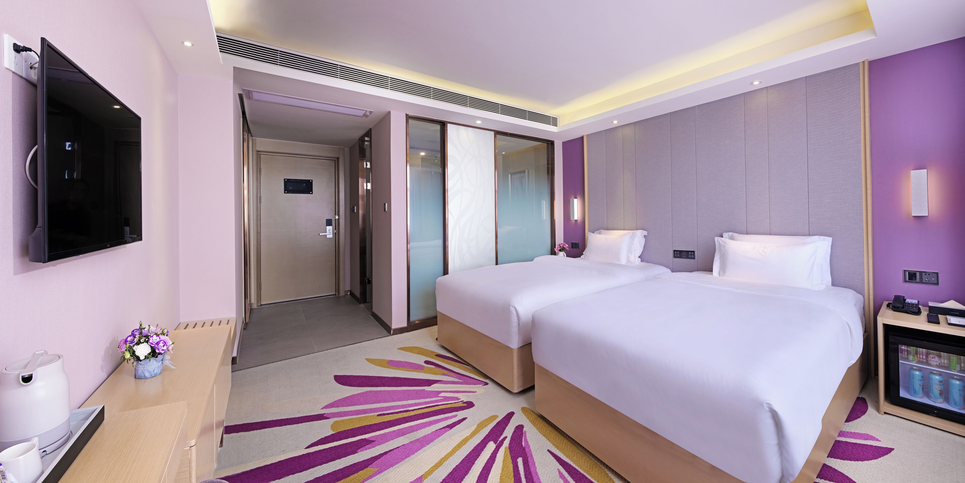 Desk, laptop workspace, blackout drapes, soundproofing