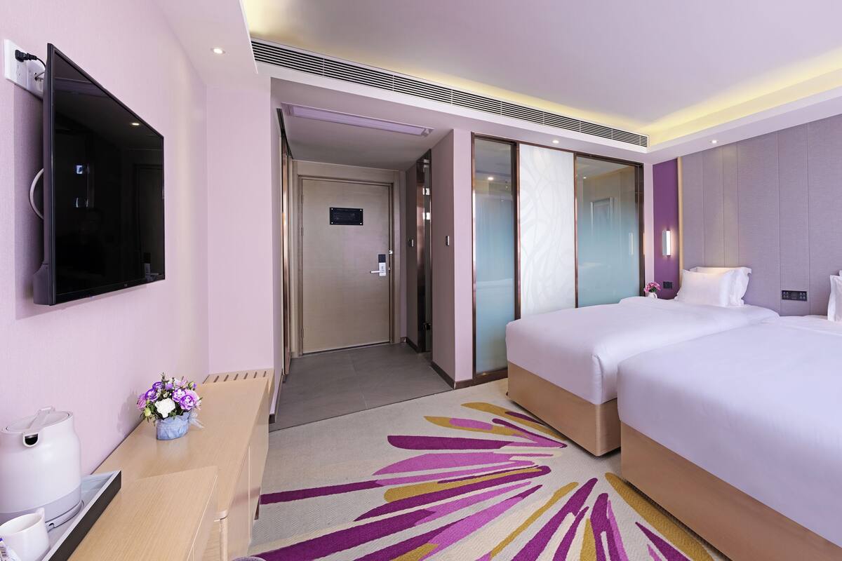 Desk, laptop workspace, blackout drapes, soundproofing