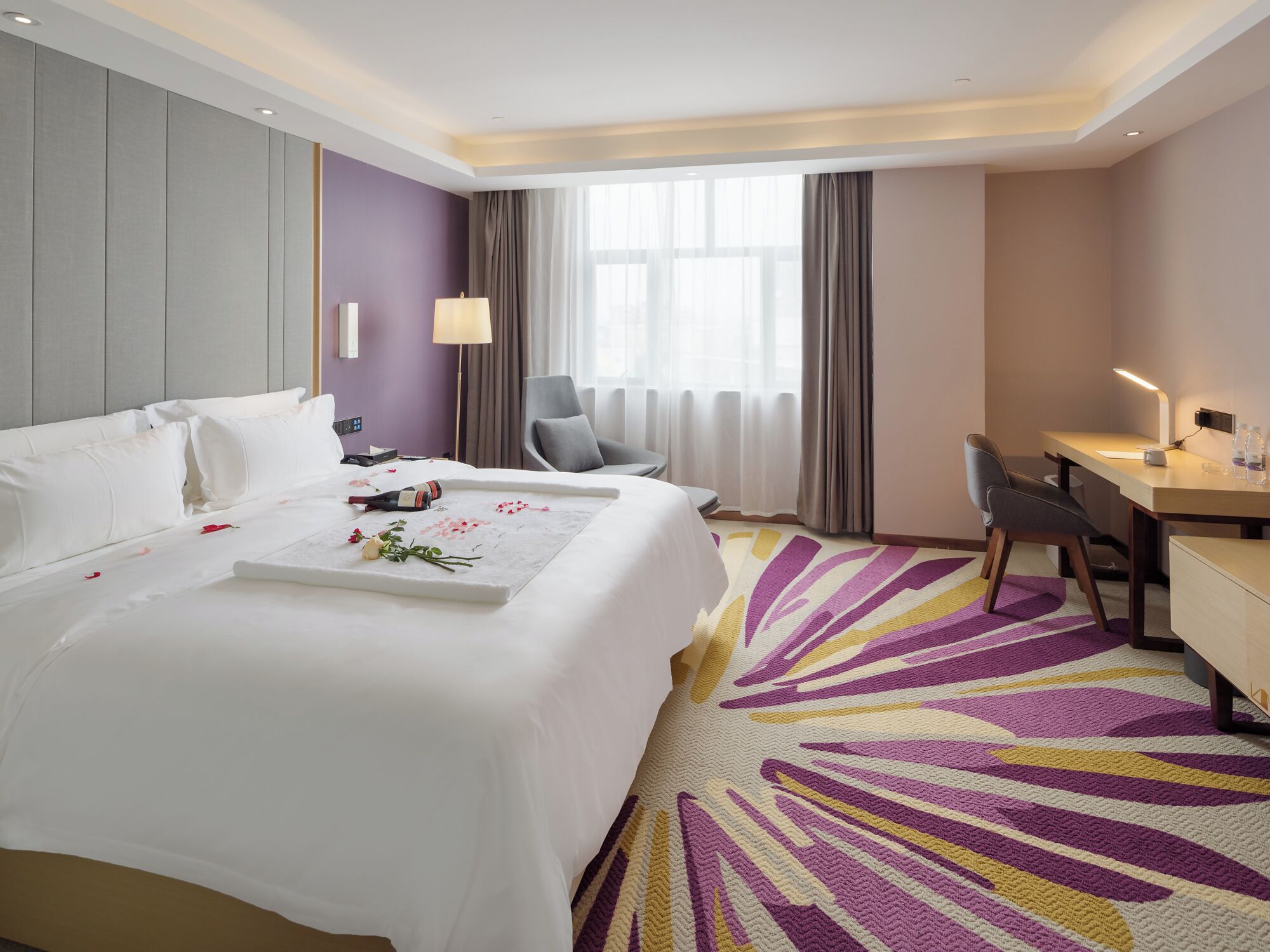 Desk, laptop workspace, blackout drapes, soundproofing