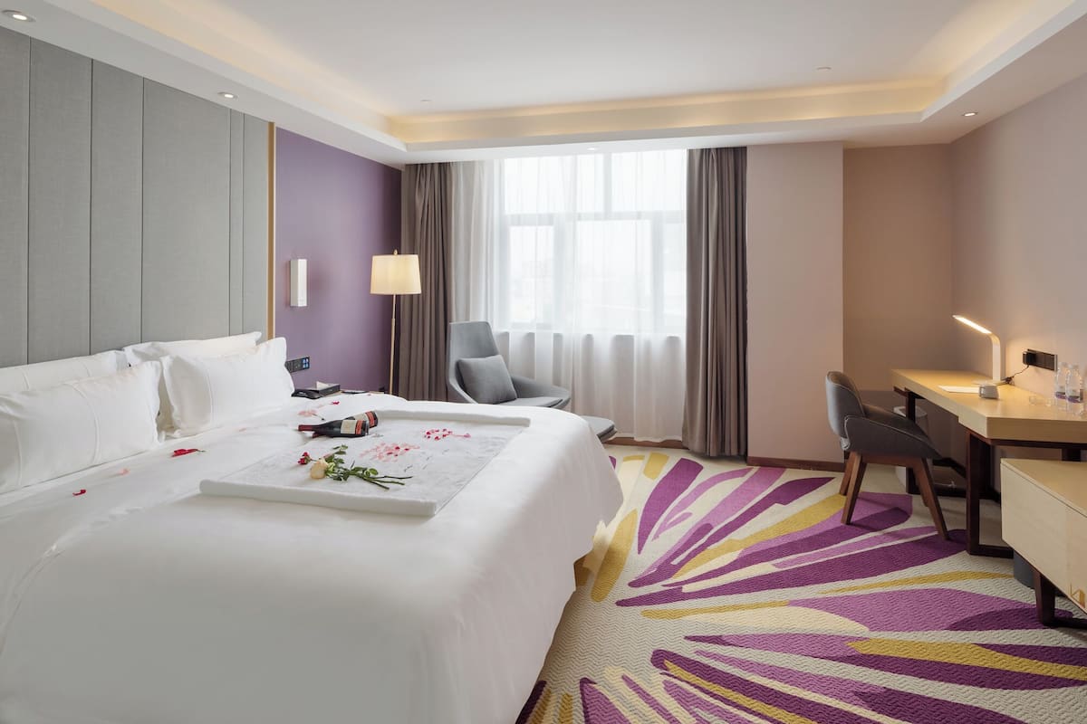 Desk, laptop workspace, blackout drapes, soundproofing