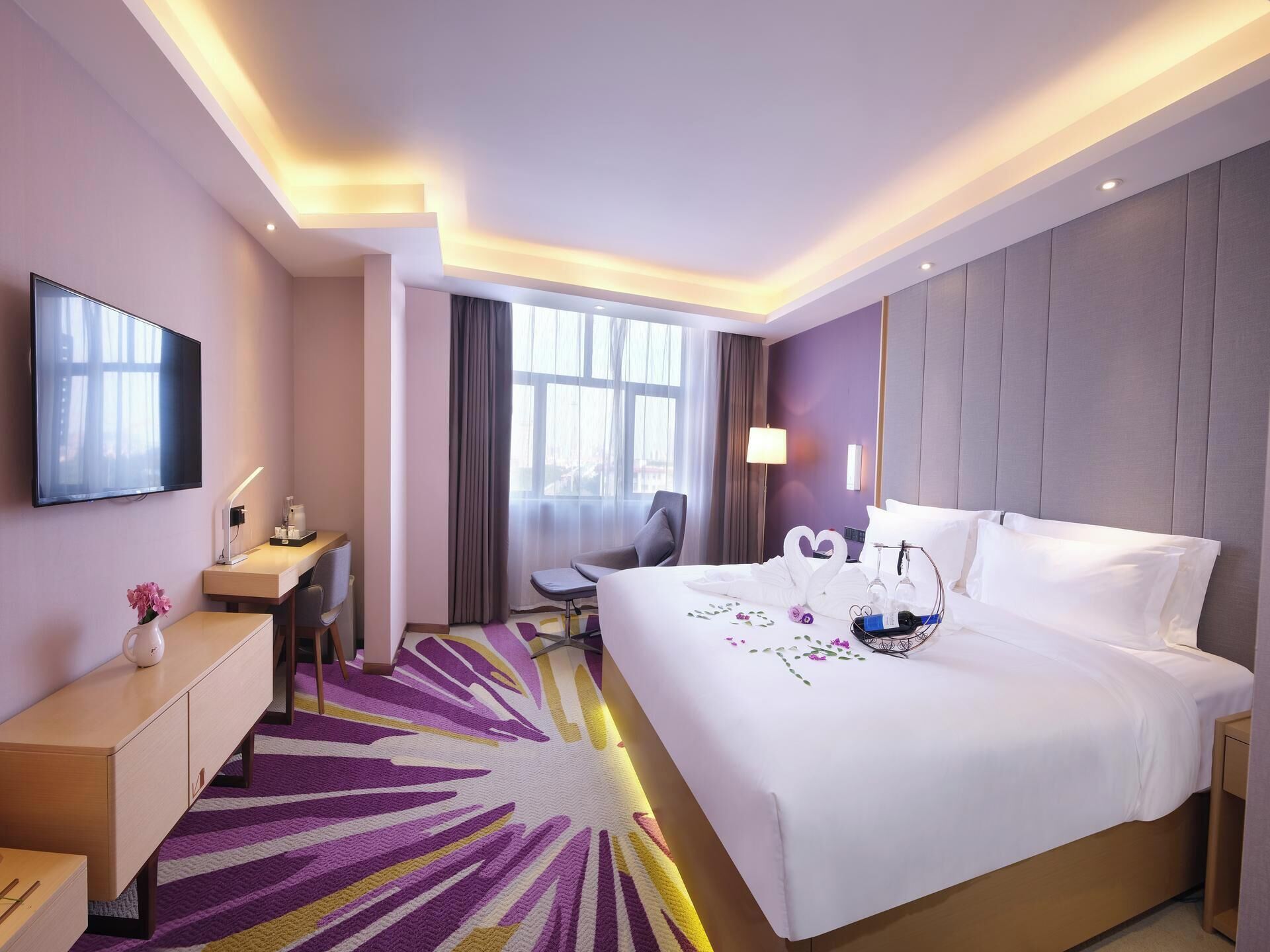 Desk, laptop workspace, blackout drapes, soundproofing