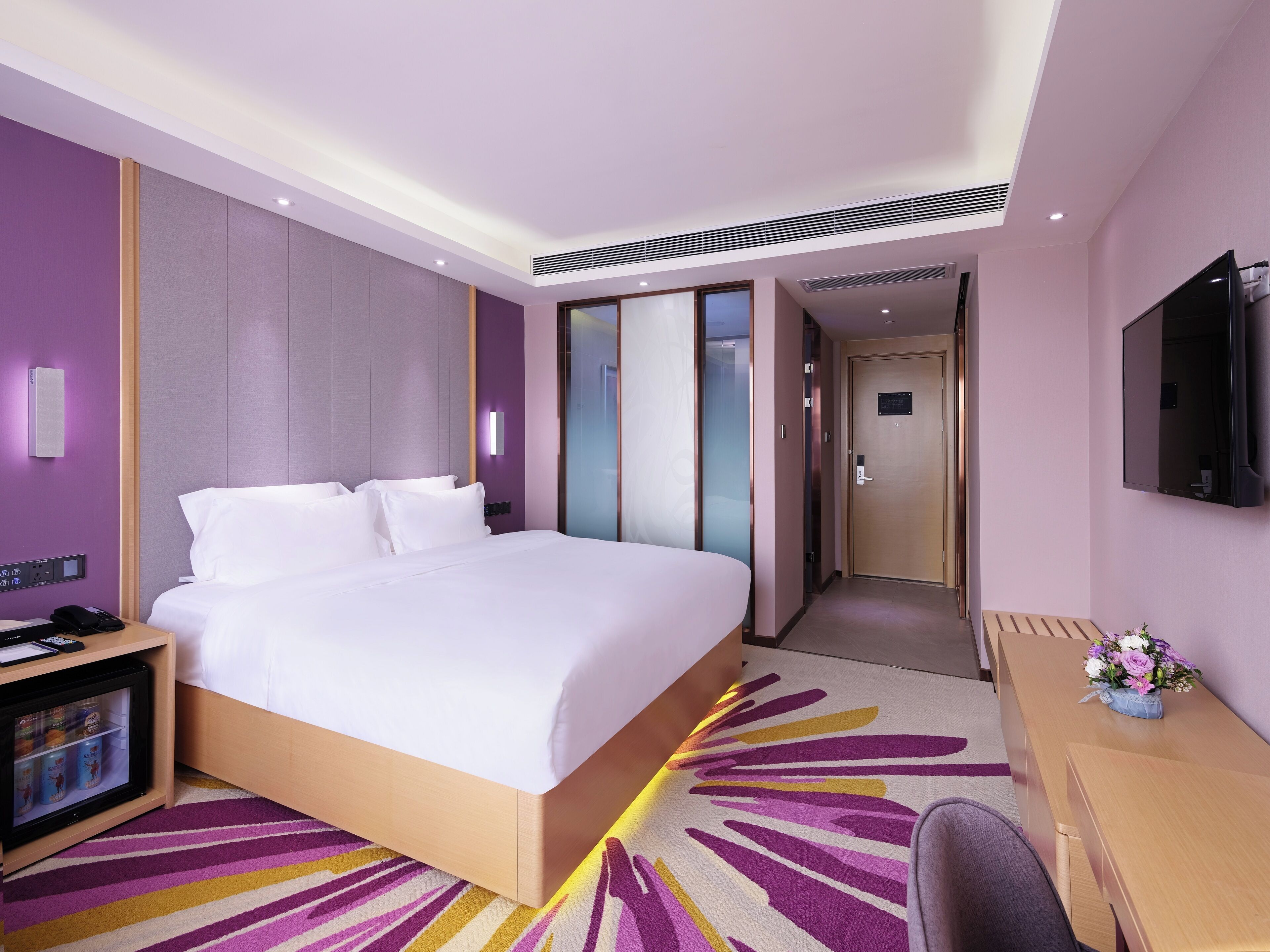 Desk, laptop workspace, blackout drapes, soundproofing