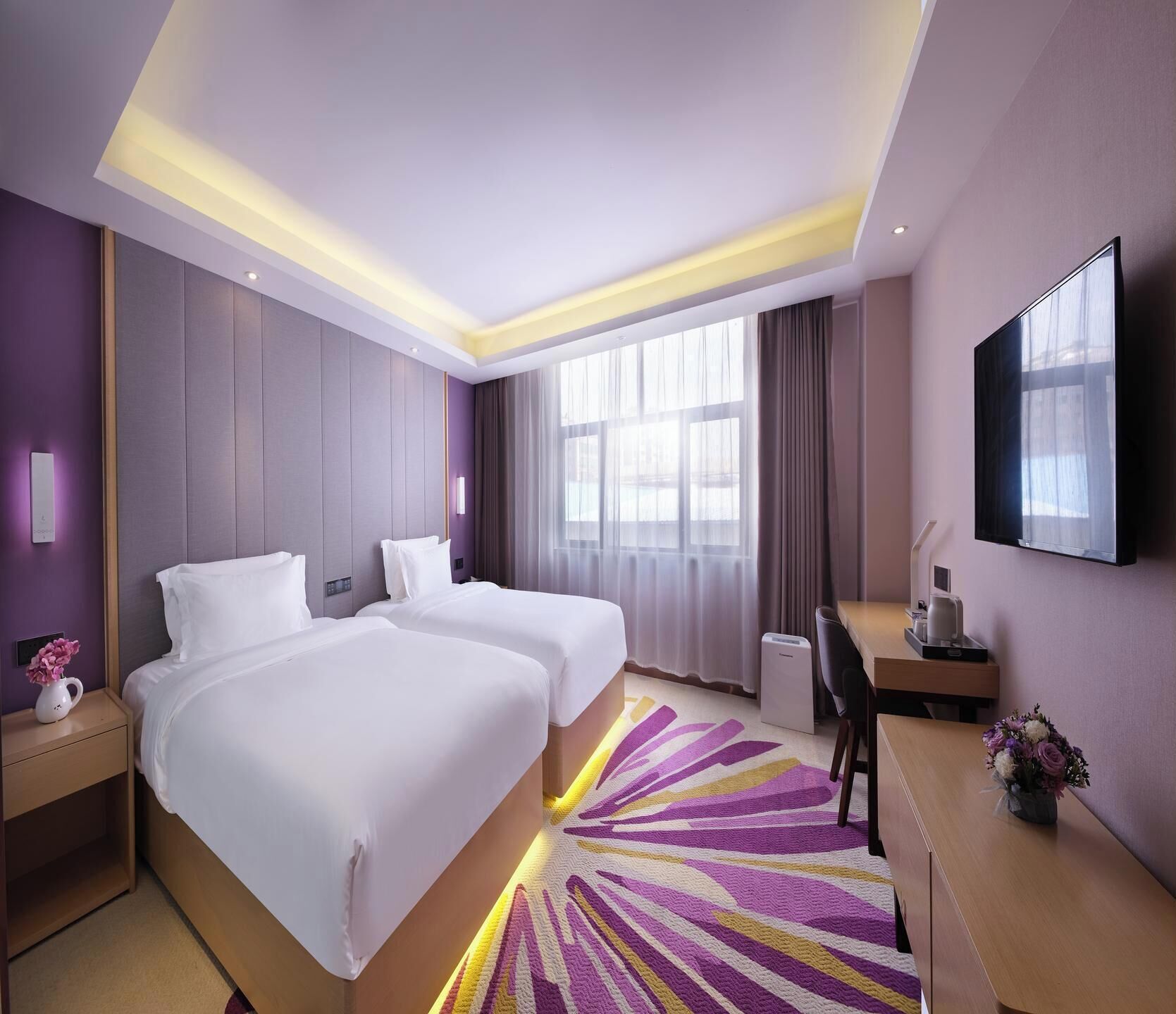 Desk, laptop workspace, blackout drapes, soundproofing