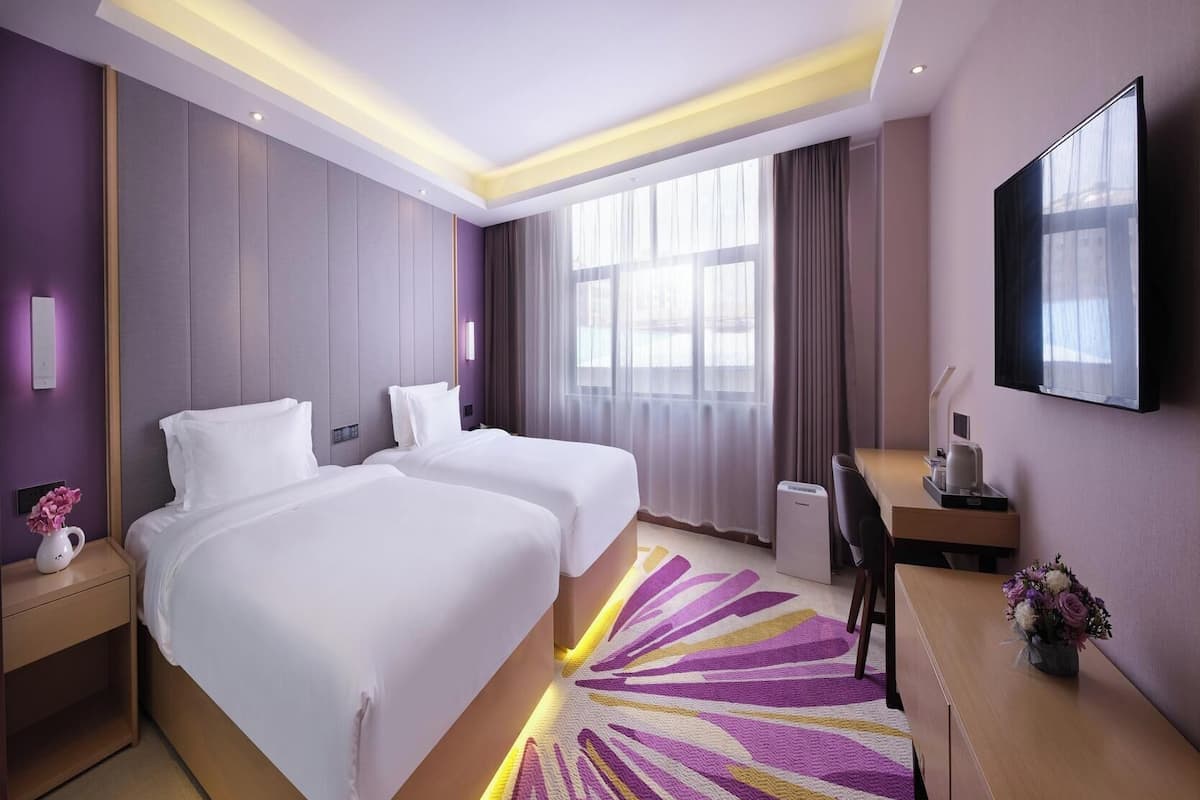 Desk, laptop workspace, blackout drapes, soundproofing