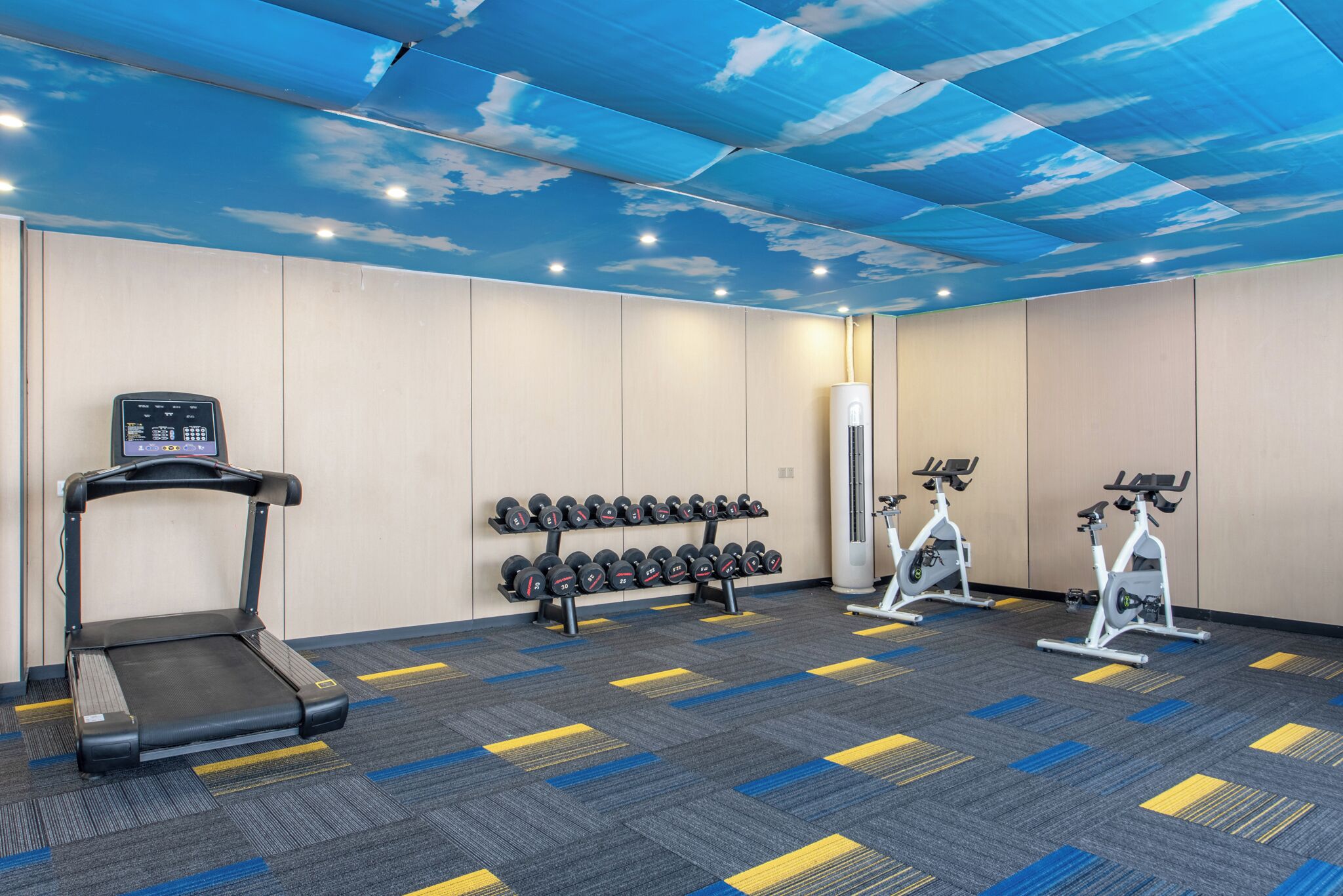 Un gimnasio con cinta de correr, mancuernas y bicicletas estáticas.