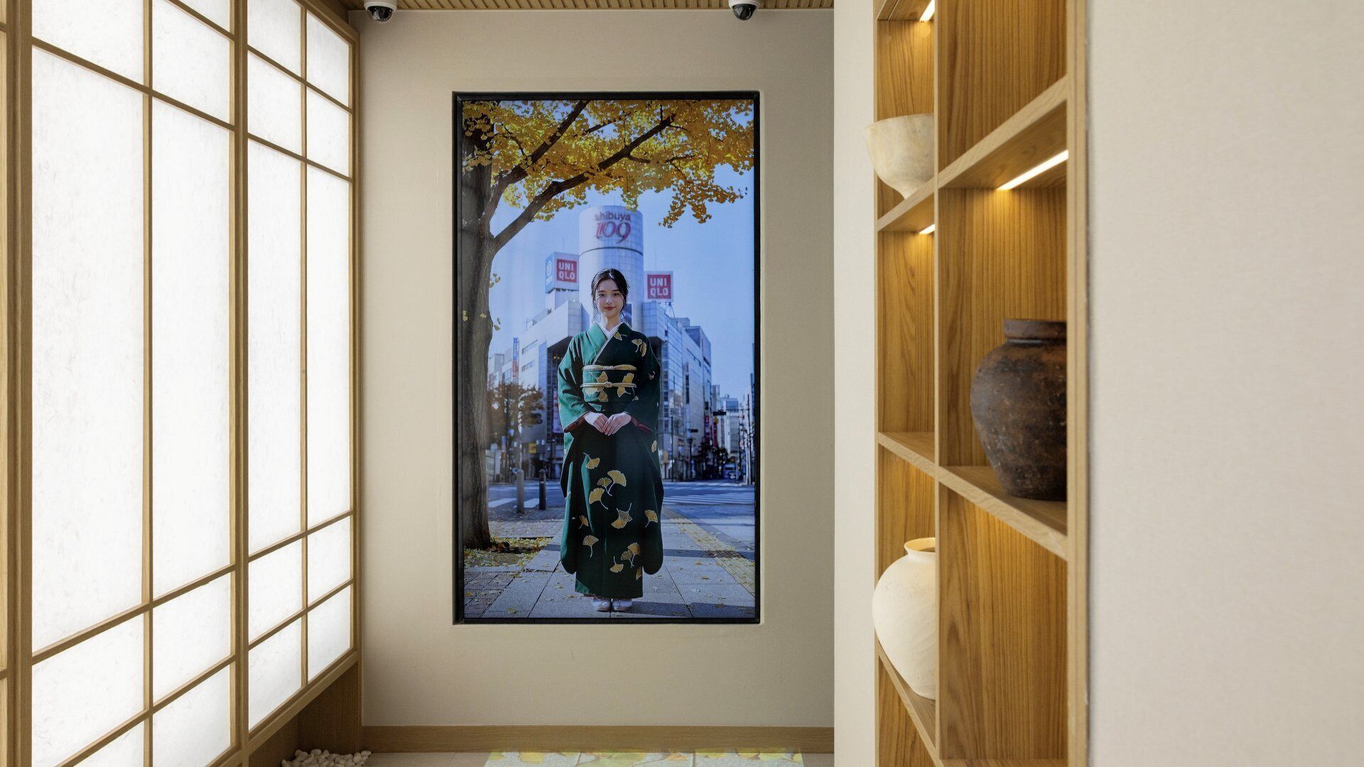 Een traditioneel Japans interieur met tatami vloeren, een shoji scherm en een ingelijste foto van een persoon in een kimono.